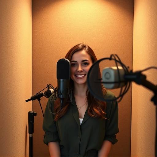 Atriz de voz gravando dublagem em um estüdio vocal isolado.